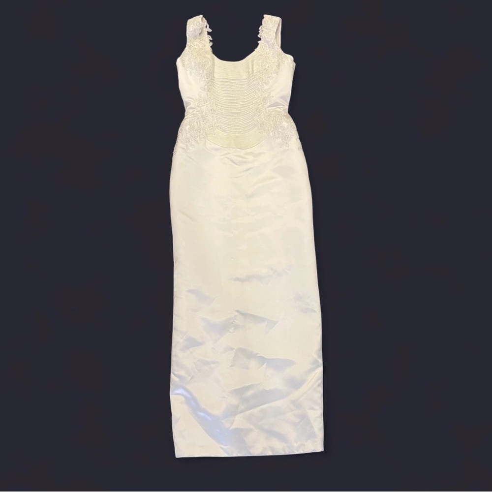 Mon Cheri vintage white satin bridal gown maxi with pearl embellishments - Picture 3 of 8
